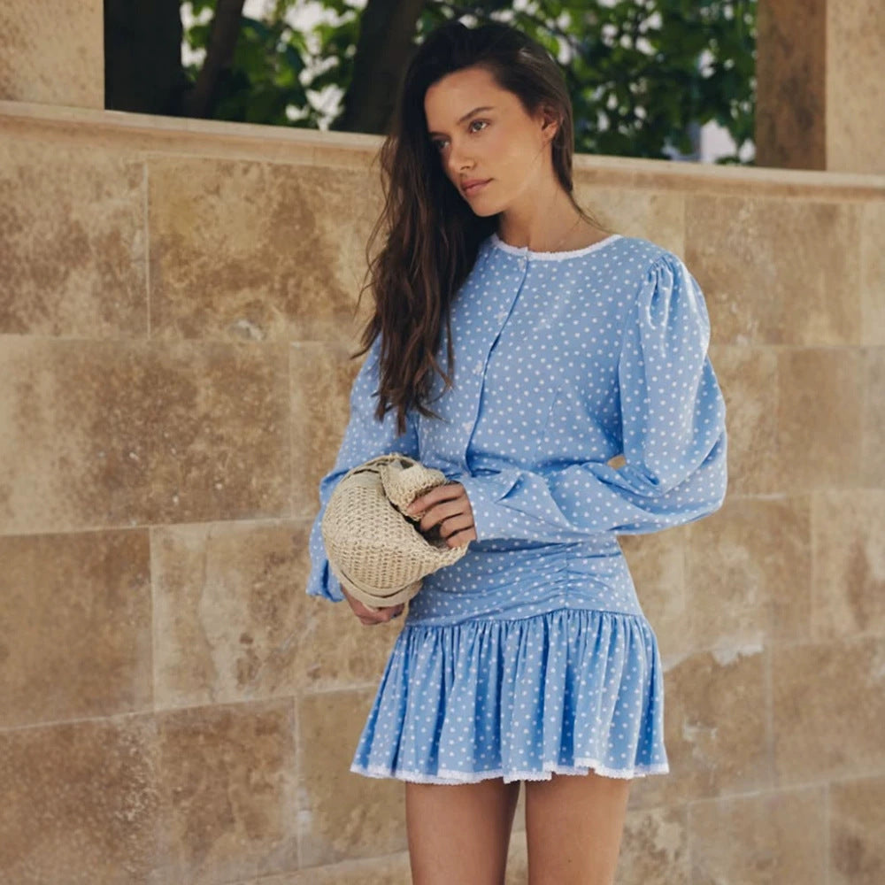 Women's Playful Polka Dot Two-Piece with Ruffled Mini Skirt and Puff Sleeves EVA-US