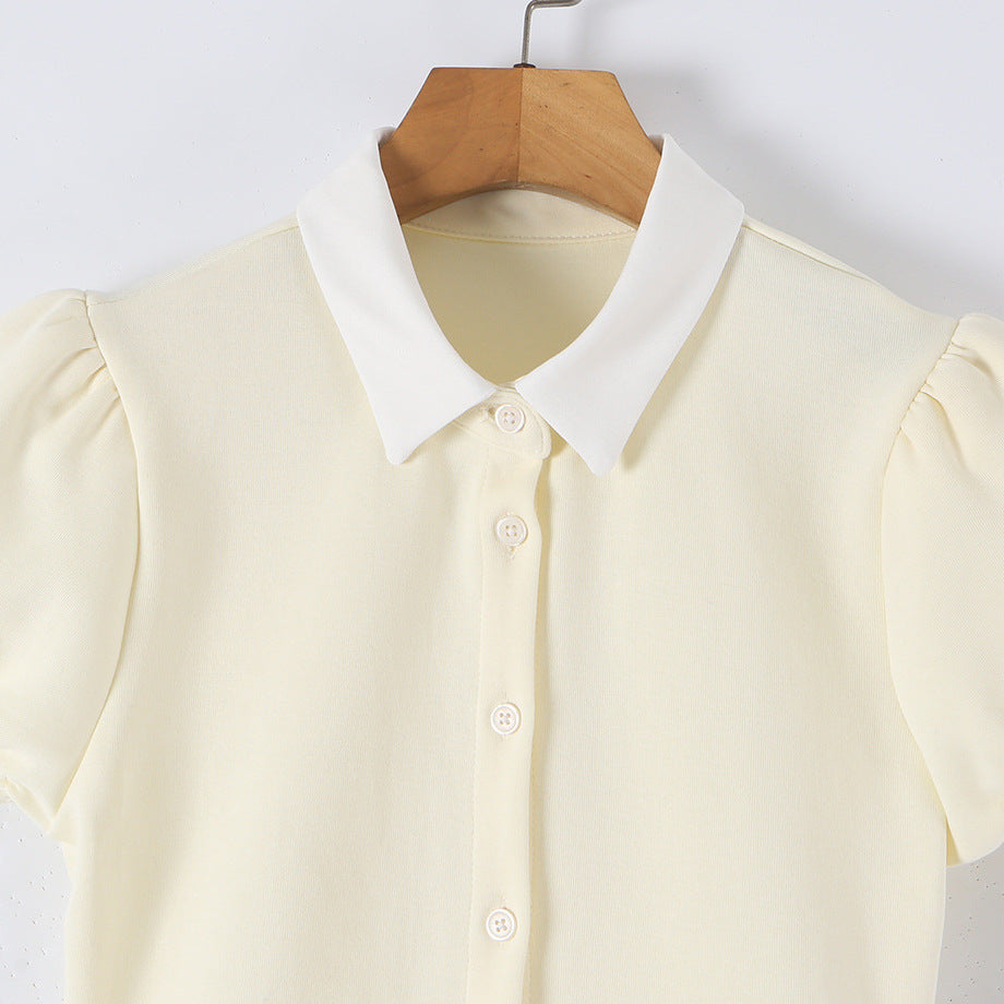 Women Fitted Shirt Dress with Puff Sleeves and Pleated Skirt EVA-US