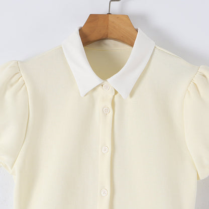 Women Fitted Shirt Dress with Puff Sleeves and Pleated Skirt EVA-US