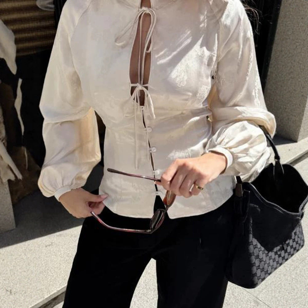 Women's Jacquard Satin Blouse with Stand Collar, Tie Ribbons and Tailored Peplum EVA-US