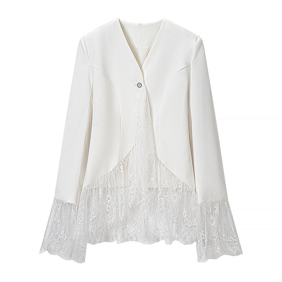 Women's tailored blazer jacket with delicate lace trim and flared sleeves EVA-US