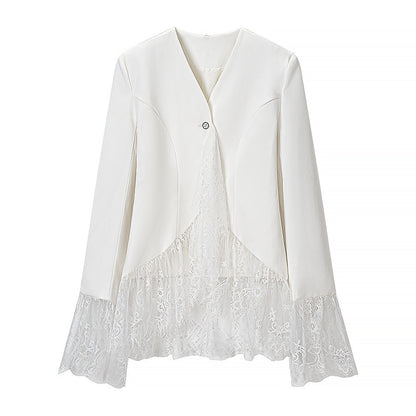 Women's tailored blazer jacket with delicate lace trim and flared sleeves EVA-US
