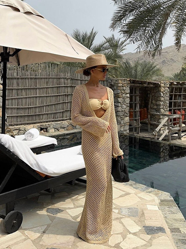 Women Open Crocheted Maxi Dress as Beach Cover-Up with Deep V and Long Sleeves EVA-US