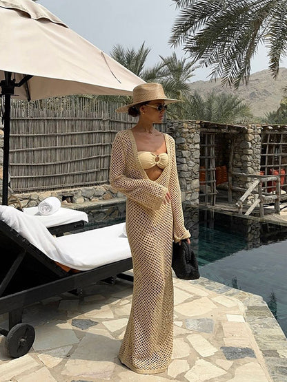 Women Open Crocheted Maxi Dress as Beach Cover-Up with Deep V and Long Sleeves EVA-US