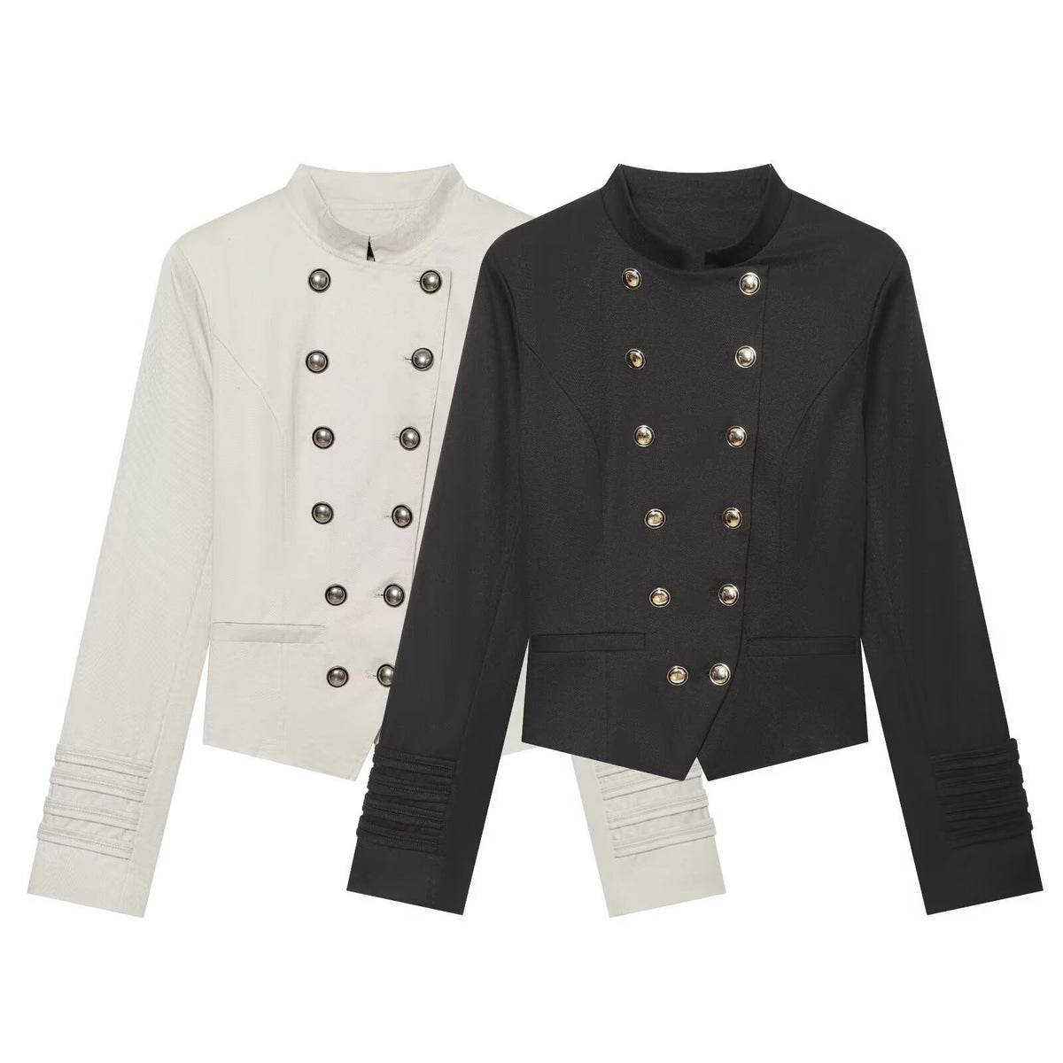 Women's tailored short blazer in sailor military style with stand-up collar and decorative buttons EVA-US