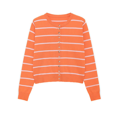 Women's Short-Cut Fine Knit Cardigan with Horizontal Stripes and Mother-of-Pearl Buttons EVA-US