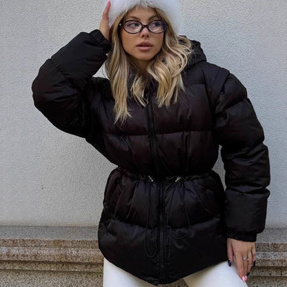 Women Padded Hooded Quilted Jacket with Waist Drawstring and Boxy Sleeves EVA-US