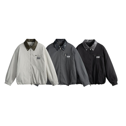 Unisex Oversized Blouson Jacket with Faux Leather Shawl Collar, Two-Way Zipper and Elastic Hem EVA-US