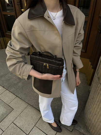 Women Boxy Field Jacket with contrast collar in leather look and appliqued pockets EVA-US