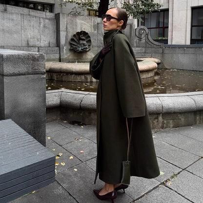 Women Maxilength Oversize Wool Blend Coat with Oversized Stand Collar and Balloon-like Sleeves EVA-US