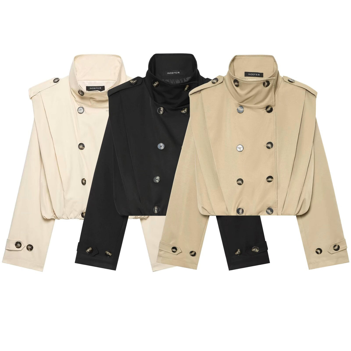 Women's Cropped Trench Coat in Cape Look with Double-Breasted Button Placket and High Stand Collar EVA-US