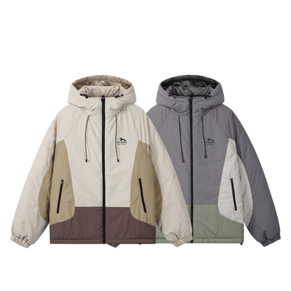 Unisex Boxy Colorblock Hooded Puffer Jacket with Windproof Cover and Zip Pockets EVA-US