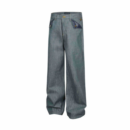 Ladies Wide High-Waist Jeans with Decorative Cuff Pockets EVA-US