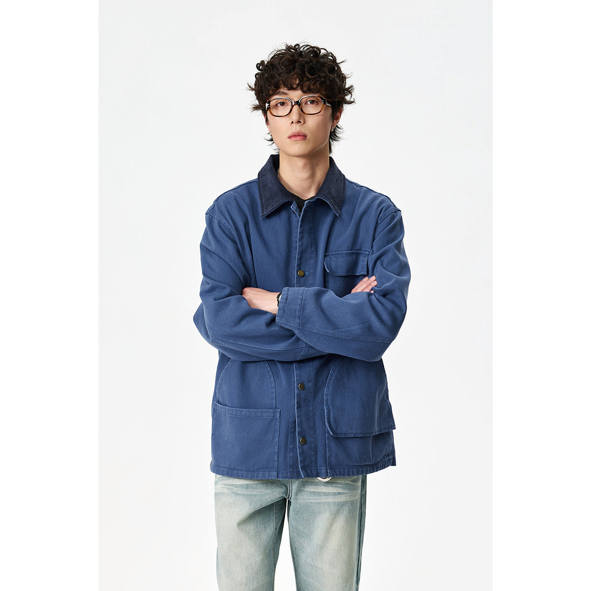 Unisex Tailored Canvas Chore Jacket with Cord Collar and Patch Pockets EVA-US