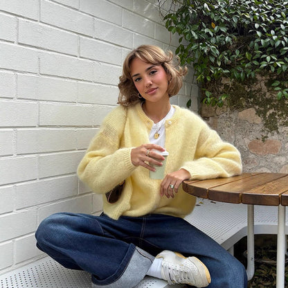 Women's Fluffy Short Jacket made of Mohair Mix with Round Neck and Boxy Silhouette EVA-US