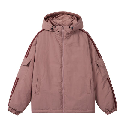 Unisex Short Boxy Padded Hooded Jacket with Sleeve Utility Pocket and Side Insertion Pockets EVA-US