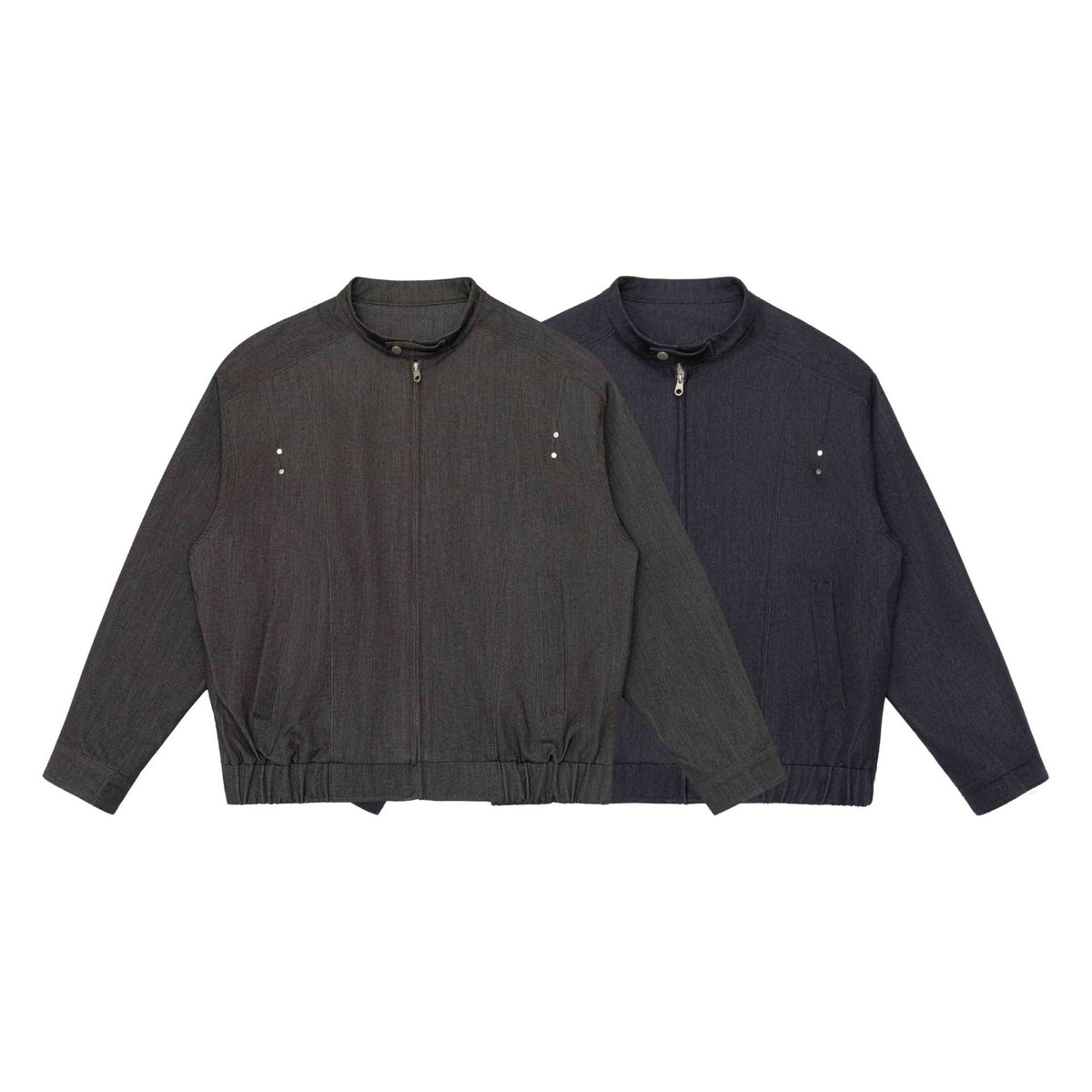 Unisex Short Cut Denim Utility Jacket with Funnel Neck and Drawstring Hem EVA-US