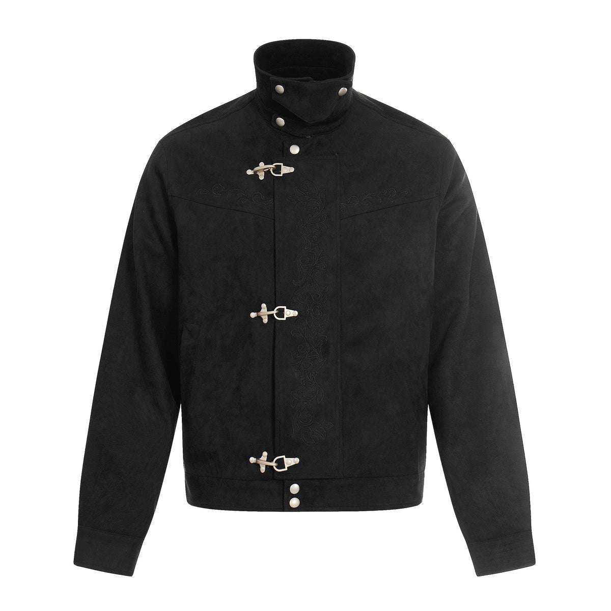 Men's short-cut suede leather blouson with stand-up collar, decorative embroidery, and toggle closure EVA-US