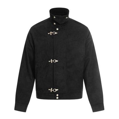Men's short-cut suede leather blouson with stand-up collar, decorative embroidery, and toggle closure EVA-US