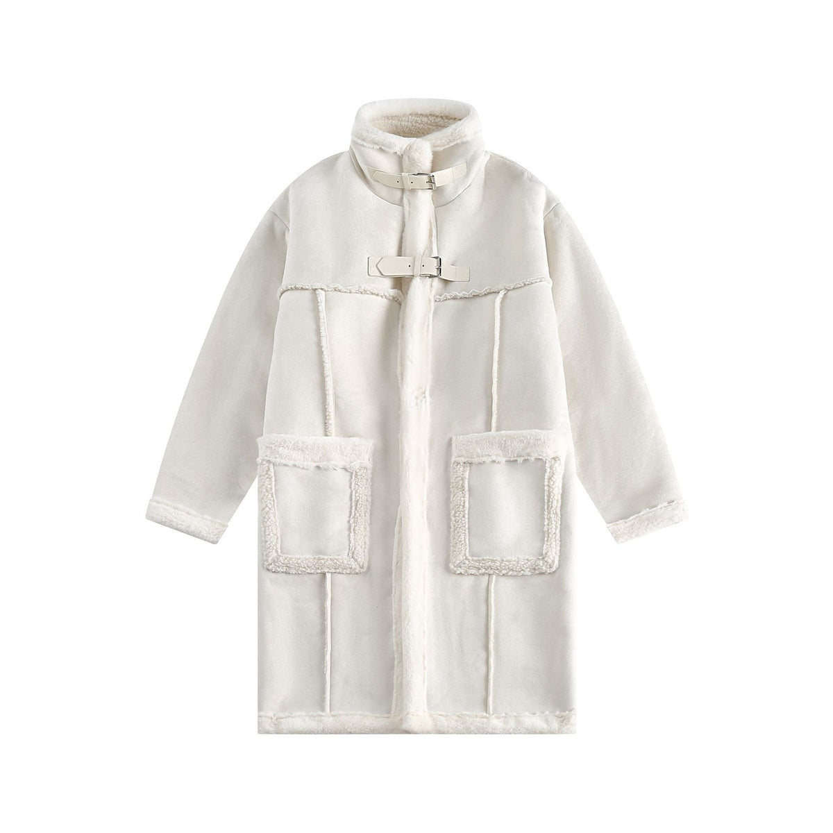 Women Long Oversize Sheepskin Imitation Coat with Stand-up Collar and Buckle Closure EVA-US