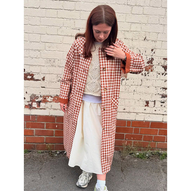 Women's midi-length checked coat in oversized cut with patch pockets EVA-US