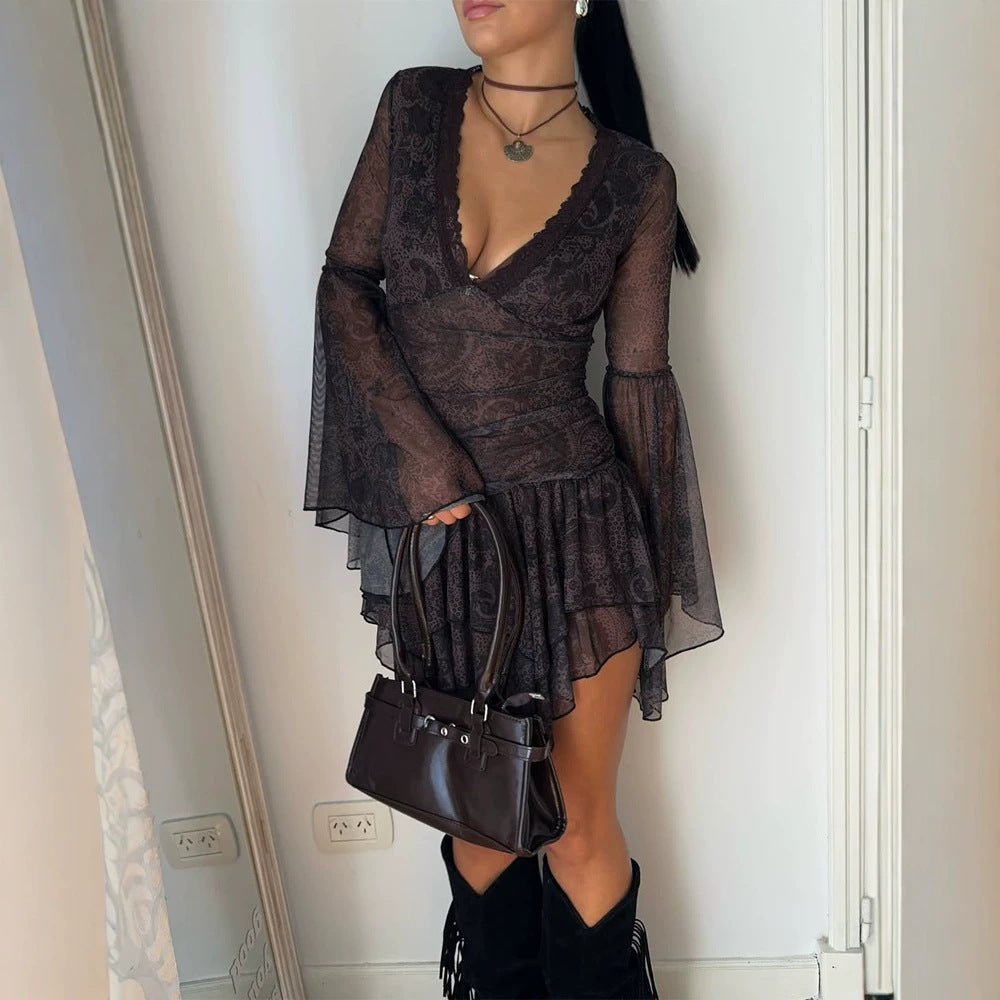Women's Transparent Lace Mini Dress with Deep V-Neck, Ruffled Skirt & Bell Sleeves EVA-US