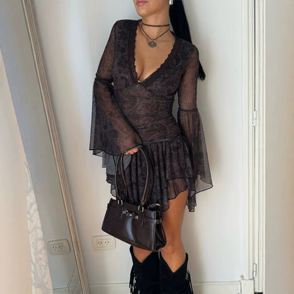 Women's Transparent Lace Mini Dress with Deep V-Neck, Ruffled Skirt & Bell Sleeves EVA-US