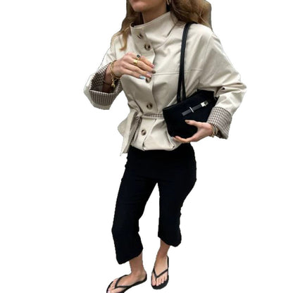 Women's Short Tailored Faux Leather Jacket with Stand-Up Collar, Check Cuffs & Tie Belt EVA-US
