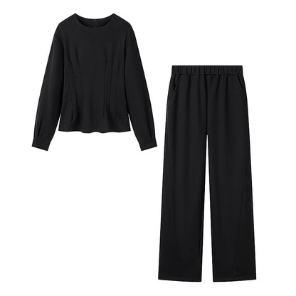 Women's Two-Piece Lounge Set with Round Neck Top and Elastic Wide Leg Pants made of Jersey EVA-US