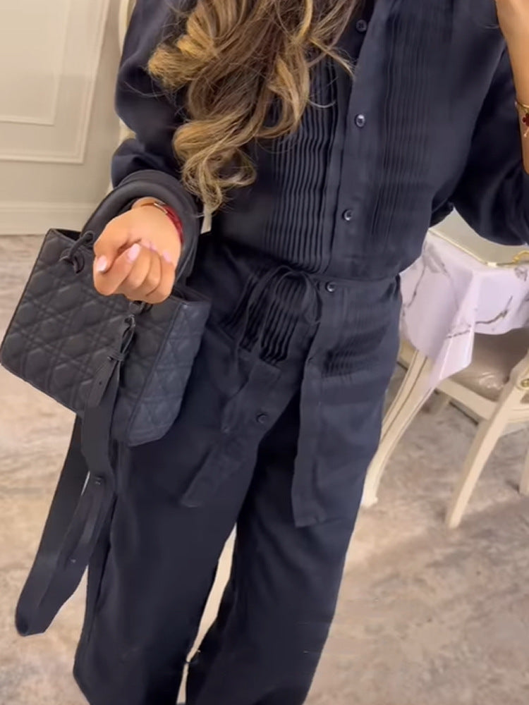 Women Long Shirt Blouse with Fine Pleats, Stand Collar and Tied Belt EVA-US