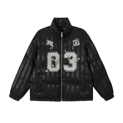 Women's Boxy Quilted Satin Puffer Jacket with Floral Embroidery Detail EVA-US