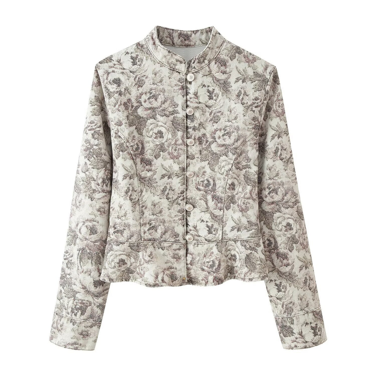 Women's Tailored Jacquard Jacket with Stand-up Collar and Peplum