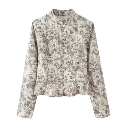 Women's Tailored Jacquard Jacket with Stand-up Collar and Peplum