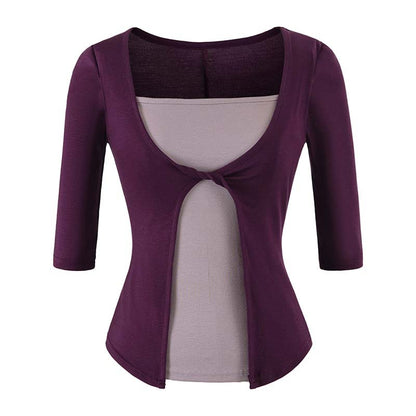 Women Layered Look Shirt with Knot Front, Three-Quarter Sleeves and Integrated Under Top EVA-US