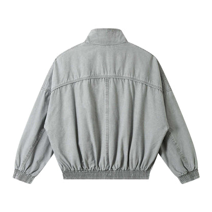 Unisex Short Cut Washed Canvas Utility Jacket with High Stand-Up Collar EVA-US