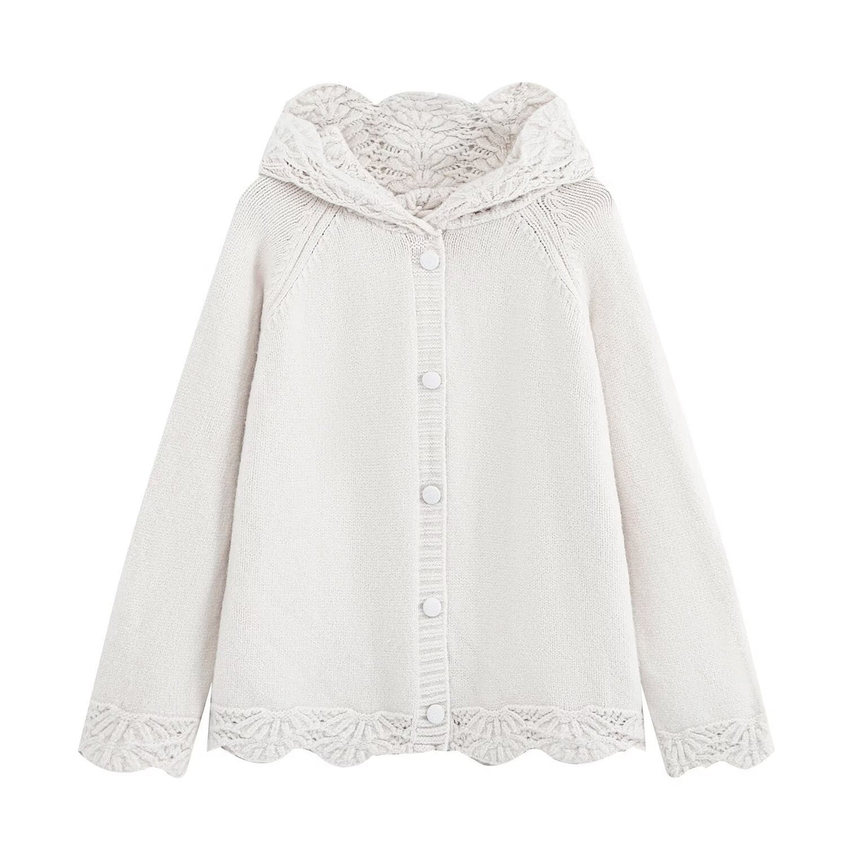 Women's fine knit cardigan with hood, button placket and crocheted trim EVA-US