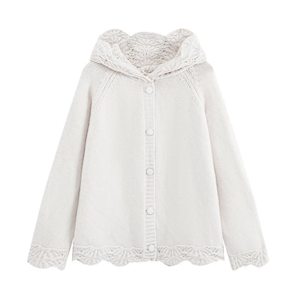 Women's fine knit cardigan with hood, button placket and crocheted trim EVA-US