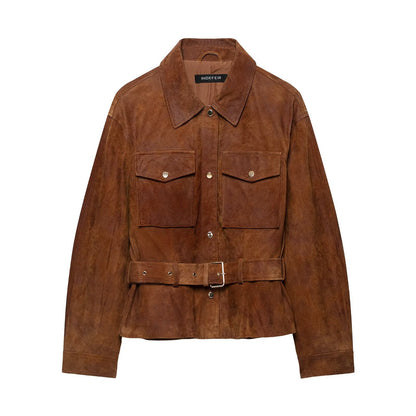 Women's short jacket in safari style made of suede with waist belt and patch chest pockets EVA-US
