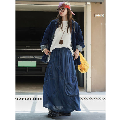 Women's Long Denim Maxi Skirt with Elastic Drawstring Waistband and Attached Cargo Pocket EVA-US