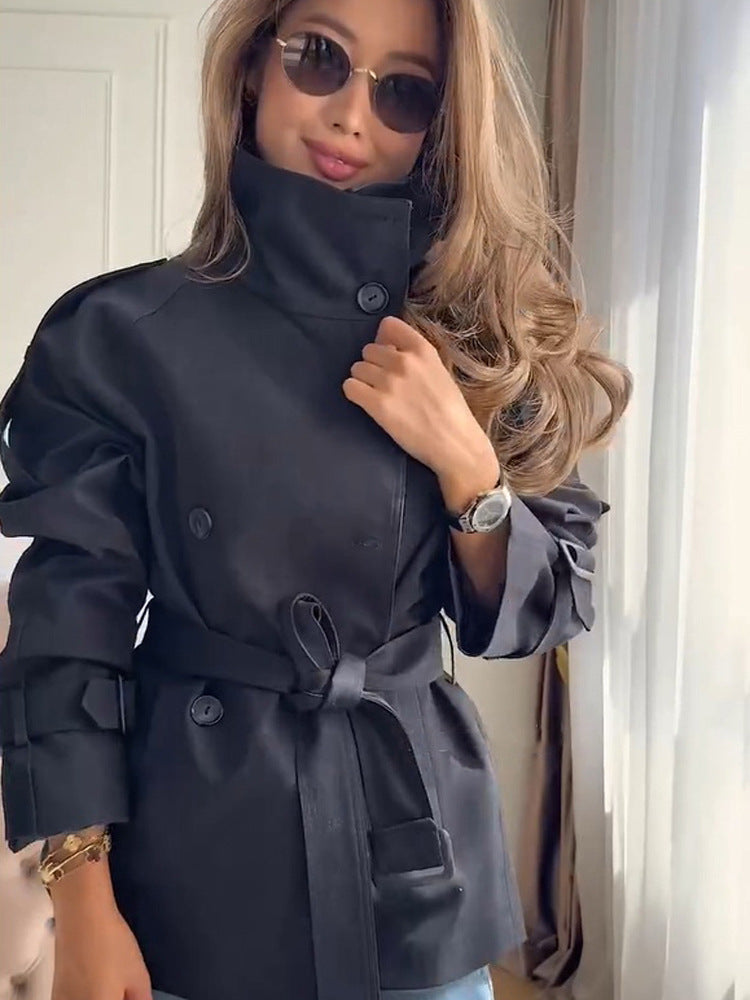 Women's Short Boxy Trench Coat with High Standing Collar, Double-Breasted Front & Waist Belt EVA-US
