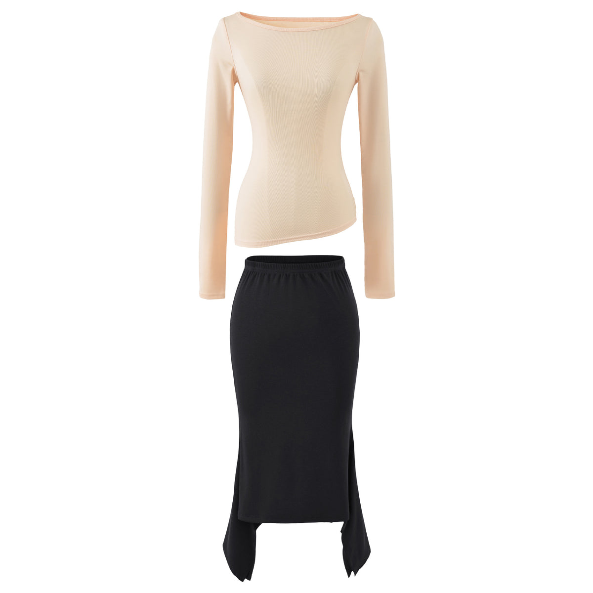 Women's Two-Piece Set with Fitted Long Sleeve Top and Maxi Skirt with Slit EVA-US