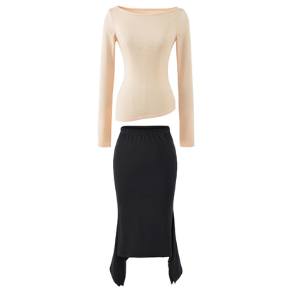 Women's Two-Piece Set with Fitted Long Sleeve Top and Maxi Skirt with Slit EVA-US