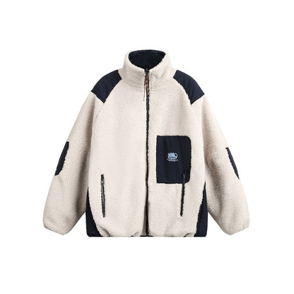 Unisex Oversize Teddy Fleece Jacket with Contrast Nylon Inserts and Stand-Up Collar EVA-US