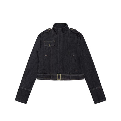 Women's tailored denim jacket with high stand-up collar, waist belt and shoulder patches EVA-US