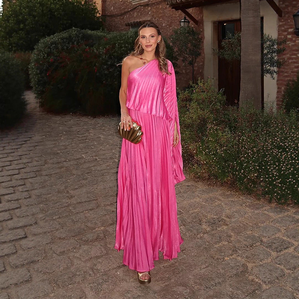 Women One-Shoulder Pleated Maxi Dress with Draped Top and Wide Ruffle Skirt EVA-US