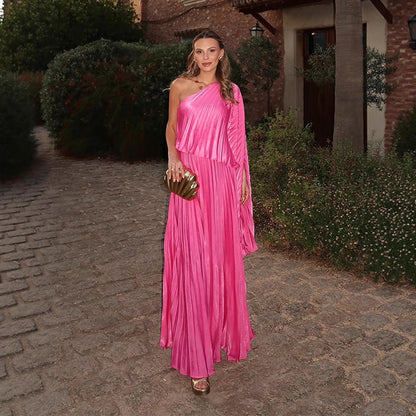Women One-Shoulder Pleated Maxi Dress with Draped Top and Wide Ruffle Skirt EVA-US