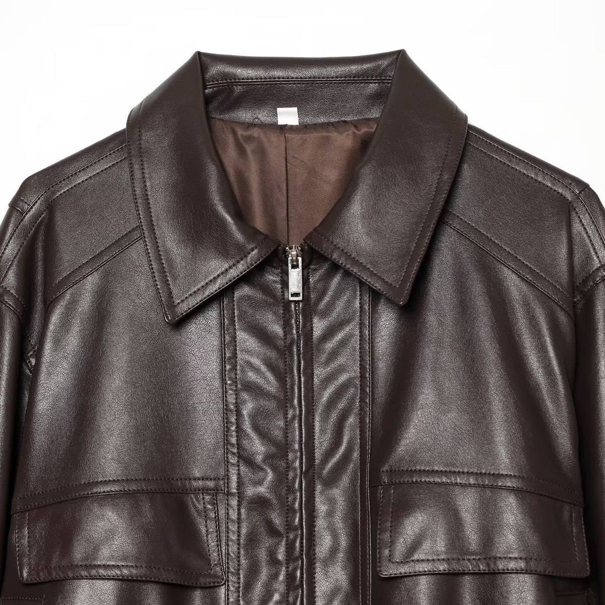Women's Cropped Bomber Jacket made of Faux Leather with Shirt Collar and Gathered Hem