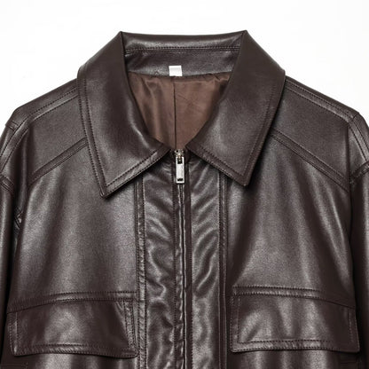 Women's Cropped Bomber Jacket made of Faux Leather with Shirt Collar and Gathered Hem