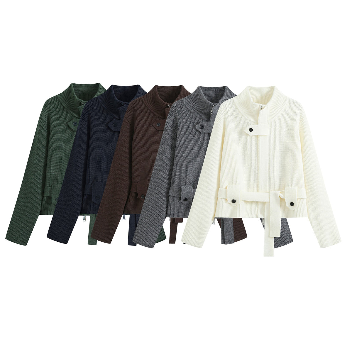 Women's cardigan with stand collar, zipper and waist tie belt EVA-US