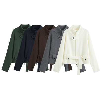 Women's cardigan with stand collar, zipper and waist tie belt EVA-US